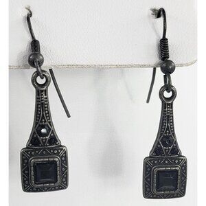 Antique Silver Tone Earrings with Black Gems